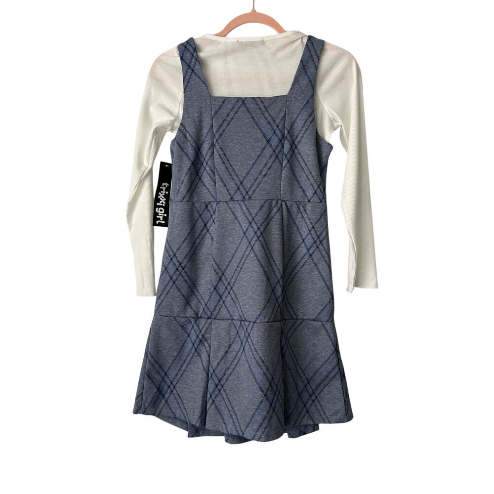 NWT Trixxi Girl 2pc Blue Plaid Pleated Skirt Jumper Rib White Shirt-Girls Large - Picture 2 of 13